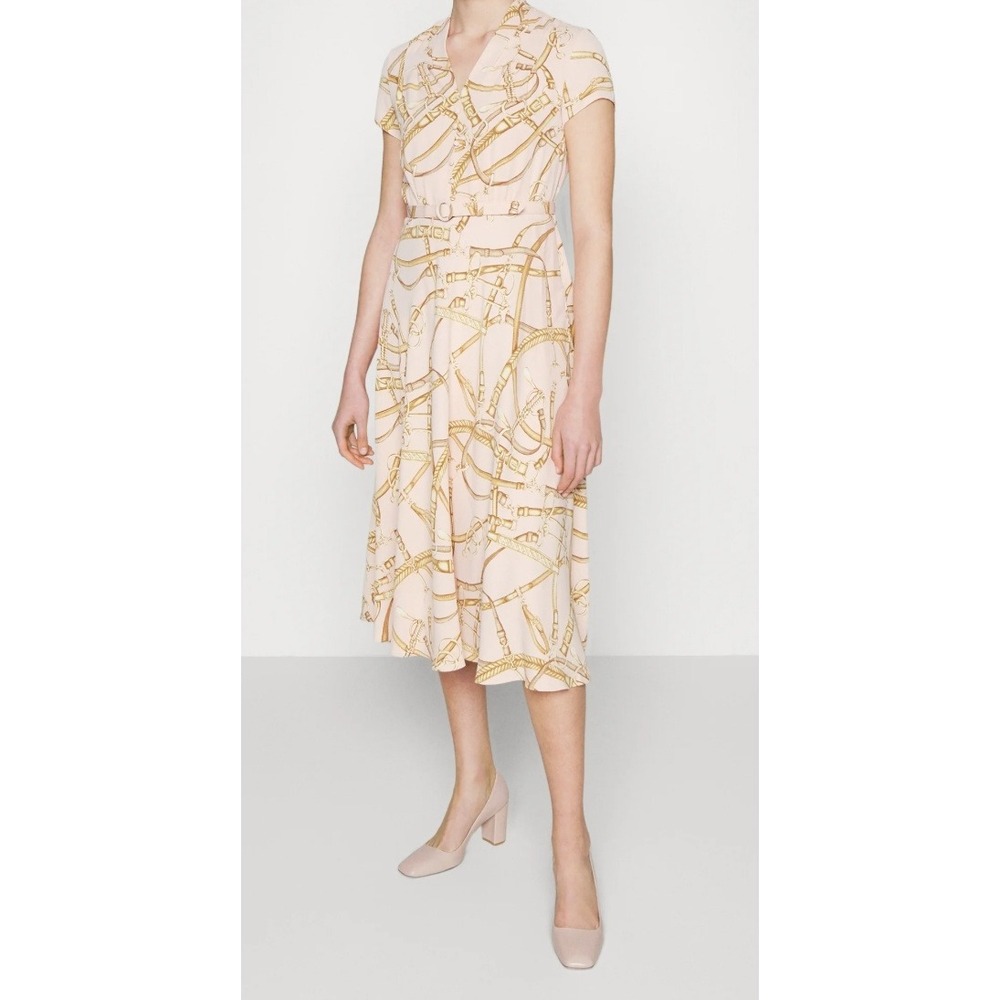 Lauren Ralph Lauren Pink Equestrian Chain Print V-Neck Midi Dress Size 10